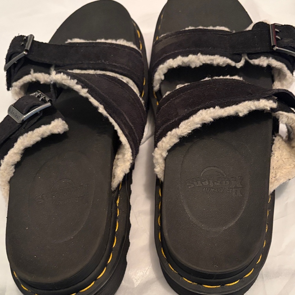 Dr. Martens Black Shearling-Lined Slide Sandals with Yellow Stitching